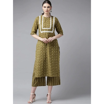 Bhama Couture Women Olive Green & Cream-Coloured Screen Print Kurta with Palazzos