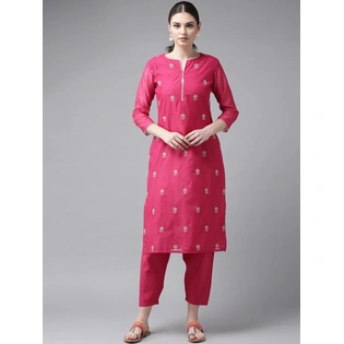 Bhama Couture Women Pink & Cream-Coloured Embroidered Kurta with Trousers