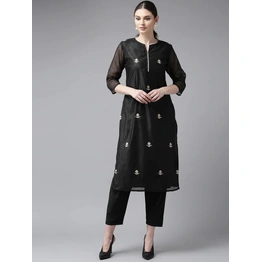 Bhama Couture Women Black & Cream-Coloured Embroidered Kurta with Trousers