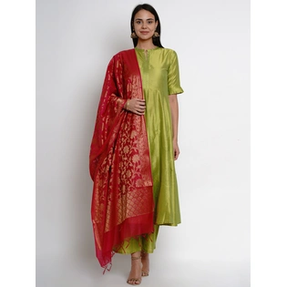 Bhama Couture Women Green & Red Solid Kurta with Palazzos & Dupatta