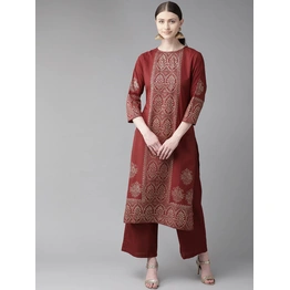 Bhama Couture Women Maroon & Golden Block Print Kurta with Palazzos