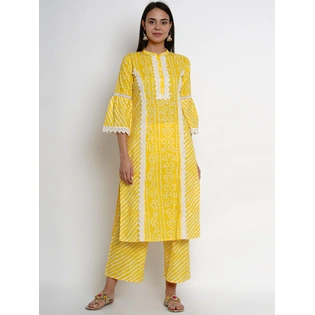 Bhama Couture Women Yellow & White Printed Kurta with Palazzos