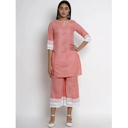 Bhama Couture Women Peach & White Self Design Kurti with Palazzos