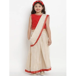 Bitiya by Bhama Girls Beige & Red Art Silk Solid Chanderi Saree