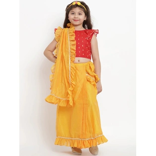 Bitiya by Bhama Yellow & Red Pure Cotton Solid Chanderi Saree