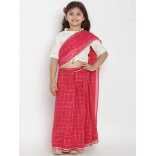 Bitiya by Bhama Girls Fuchsia & Off-White Checked Chanderi Silk Saree With Printed Blouse