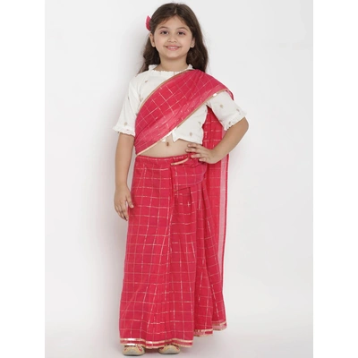 Bitiya by Bhama Girls Fuchsia & Off-White Checked Chanderi Silk Saree With Printed Blouse