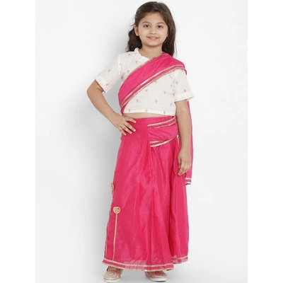 Bitiya by Bhama Girls Fuchsia Solid Chanderi Silk Embellished Saree With White Blouse