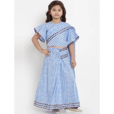 Bitiya by Bhama Girls Blue & White Printed Bandhej Saree With Blouse