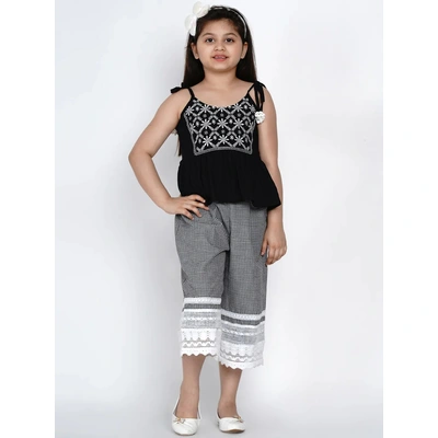 Bitiya by Bhama Girls Black & White Embroidered Top with Palazzos