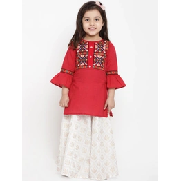 Bitiya by Bhama Girls Red & White Embroidered Tunic with Skirt