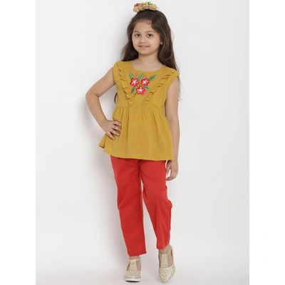 Bitiya by Bhama Girls Mustard Yellow & Red Solid Top with Trousers