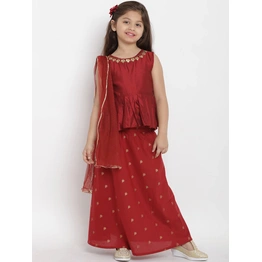 Bitiya by Bhama Girls Maroon Solid Top with Skirt