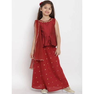 Bitiya by Bhama Girls Maroon Solid Top with Skirt