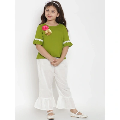 Bitiya by Bhama Girls Green & White Solid Top with Trousers