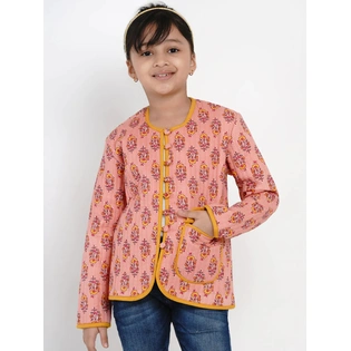 Bitiya by Bhama Girls Peach & Mustard Yellow Printed Open Front Jacket