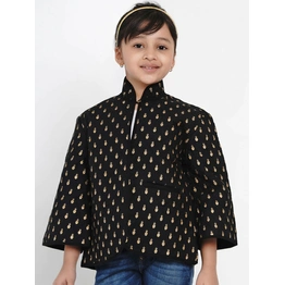 Bitiya by Bhama Girls Black & Gold Self Design Tailored Jacket