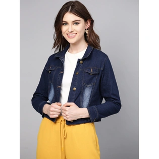 Bhama Couture Women Navy Blue Washed Denim Jacket