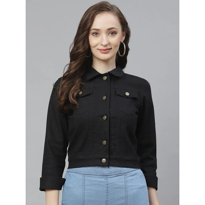 Bhama Couture Women Black Embroidered Back Denim Jacket