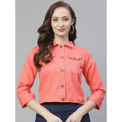 Bhama Couture Women Peach-Coloured Solid Lightweight Denim Jacket