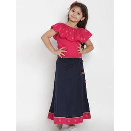 Bitiya by Bhama Girls Fuchsia Pink & Navy Blue Top with Skirt