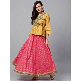 Bhama Couture Women Mustard Yellow & Pink Embriodered Top with Skirt