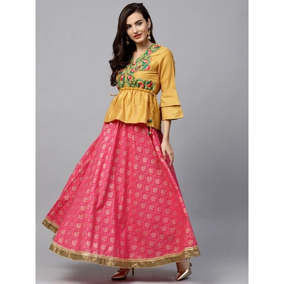 Bhama Couture Women Mustard Yellow & Pink Embriodered Top with Skirt