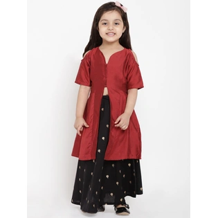 Bitiya by Bhama Girls Maroon & Black Solid Kurta with Skirt