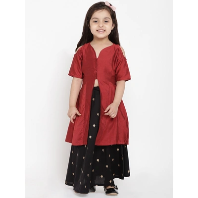 Bitiya by Bhama Girls Maroon & Black Solid Kurta with Skirt