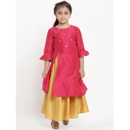 Bitiya by Bhama Girls Pink & Yellow Embroidered Kurta with Skirt