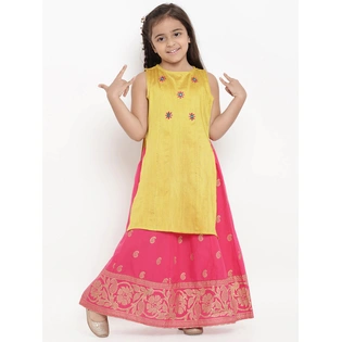 Bitiya by Bhama Girls Yellow & Pink Embroidered Kurta with Skirt