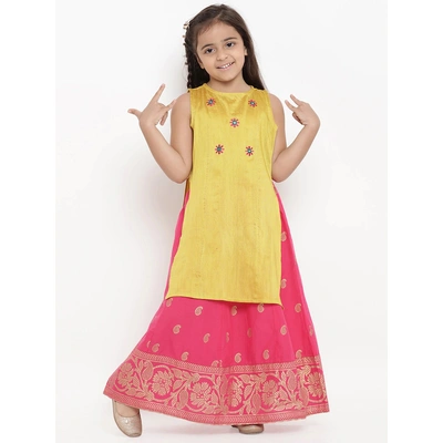 Bitiya by Bhama Girls Yellow & Pink Embroidered Kurta with Skirt