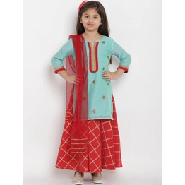 Bitiya by Bhama Girls Sea Green & Red Self Design Kurta with Skirt & Dupatta