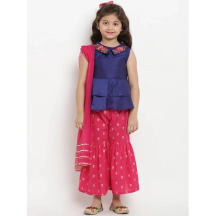 Bitiya by Bhama Girls Blue & Pink Embroidered Kurta with Sharara & Dupatta