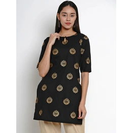 Bhama Couture Women Black & Gold Floral Print Straight Kurti