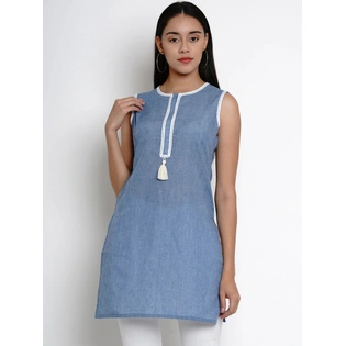 Bhama Couture Women Blue & White Lace Detailing Straight Kurti