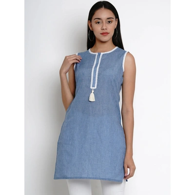 Bhama Couture Women Blue & White Lace Detailing Straight Kurti