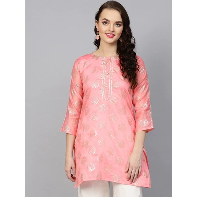 Bhama Couture Women Pink & Golden Foil Print A-Line Kurti