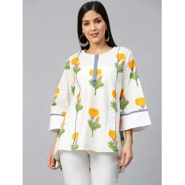 Bhama Couture Off-White & Yellow Printed A-Line High-Low Kurti