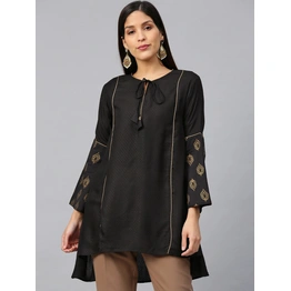 Bhama Couture Black Self-Design A-Line High-Low Kurti