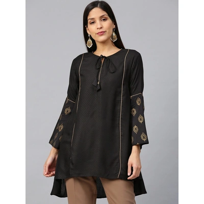 Bhama Couture Black Self-Design A-Line High-Low Kurti