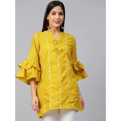 Bhama Couture Women Mustard Yellow Bell Sleeves Gotta Patti Striped Straight Kurti