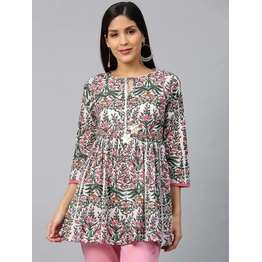 Bhama Couture White & Pink Printed A-Line Empire Kurti