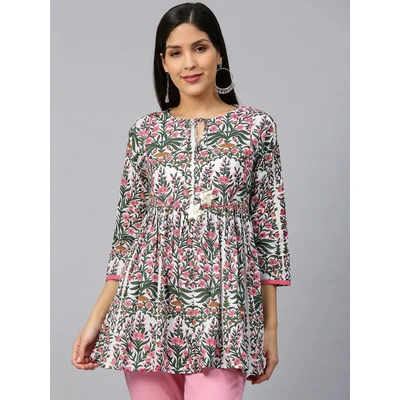 Bhama Couture White & Pink Printed A-Line Empire Kurti