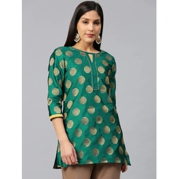 Bhama Couture Women Green & Golden Woven Design Silk Straight Kurti