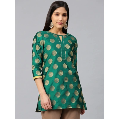 Bhama Couture Women Green & Golden Woven Design Silk Straight Kurti