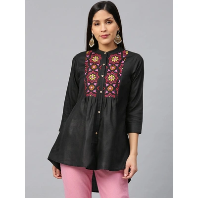 Bhama Couture Women Black & Pink Yoke Design High-Low Kurti