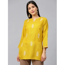 Bhama Couture Women Mustard Yellow & Off-White Embroidered Straight Kurti