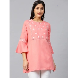 Bhama Couture Women Coral Pink & Off-White Yoke Design Straight Kurti