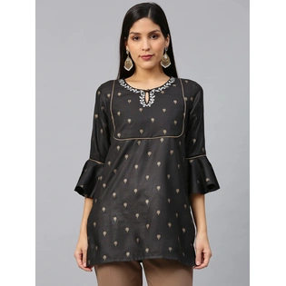 Bhama Couture Women Black & Golden Printed Straight Kurti